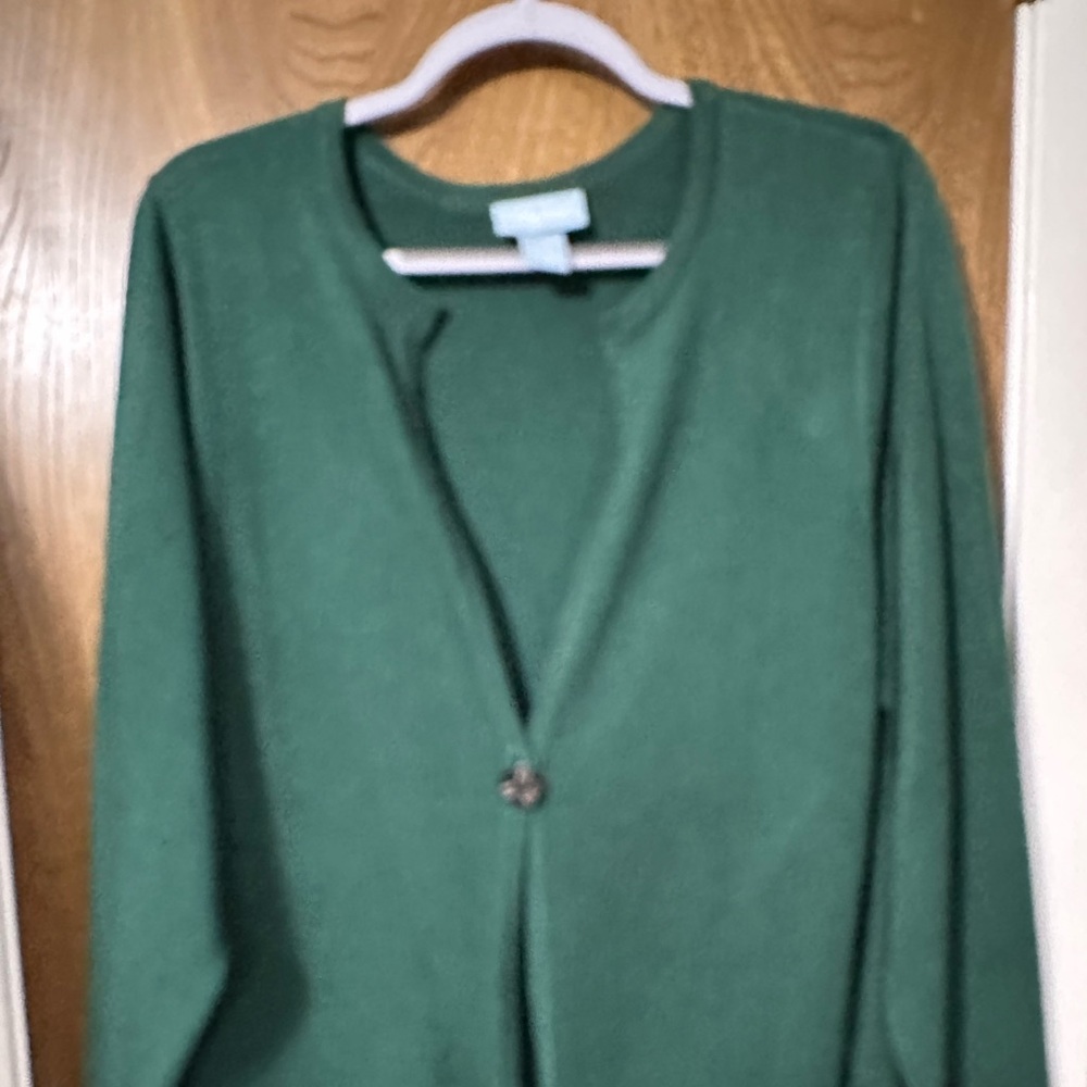 Dark green cardigan. One button. Worn a few times.